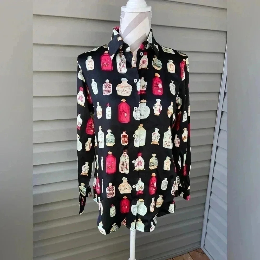 Chic Black Button Down Shirt with Bottle Print